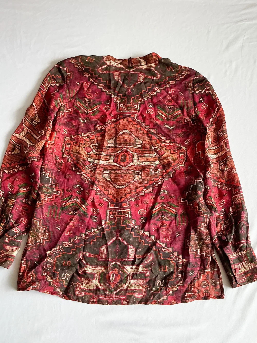 Tory Burch 100% Silk Aztec pleated Colorful Sheer Midi Long Sleeve Tunic Size 0